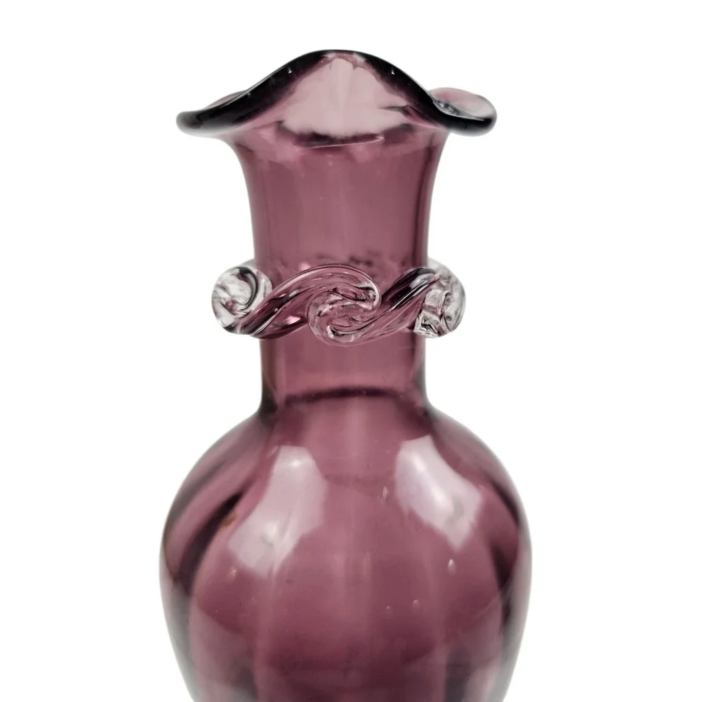 Vtg Pilgrim Glass Amethyst Hand Blown Glass Vase Ruffled Rim Clear Rigaree Wrap